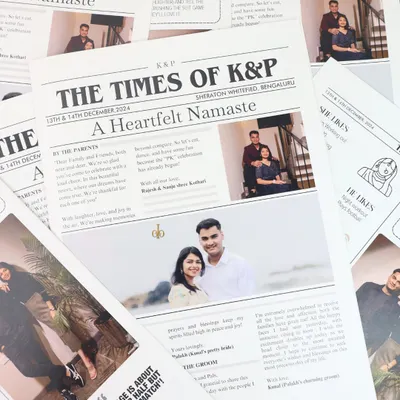 Make your wedding announcement extra special with these custom newspaper-style itineraries. "The Times of K&P" is a fun and unique way to share your story and wedding details with guests.