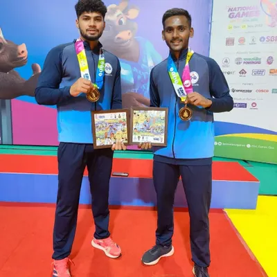 Gold medalists at the 37th National Games in Goa. Our players Hrushikesh Murchavade and another teammate representing Team Maharashtra with pride.