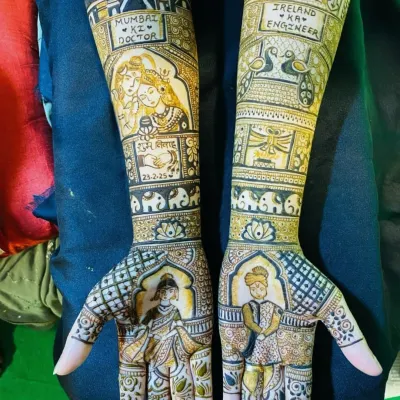 A close-up of a beautiful bridal story. This design features a long-distance love story, with the Mumbai skyline for the doctor bride and the Ireland skyline for the engineer groom.