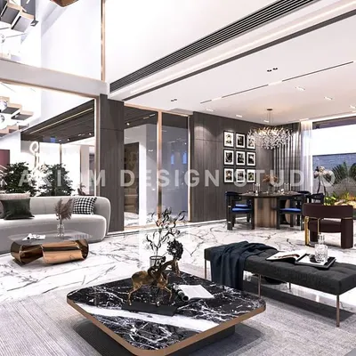 This massive, double-height drawing room is a study in modern luxury. The open, connected layout is perfect for entertaining, while the neutral tones and abundant natural light create a warm, serene ambiance.