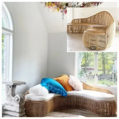 This uniquely curved rattan sofa is a true statement piece, designed to create a fluid and inviting social space. Its unconventional shape showcases our ability to bring complex, custom furniture designs to life.