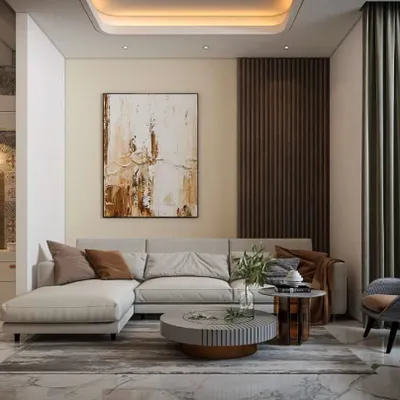 This is a 3D visualization I created for a client's proposed drawing room, which helps them see the full potential of their space before execution begins. The design features a modern L-shaped sofa, a fluted wood accent wall, and abstract art, establishing a contemporary and warm aesthetic.