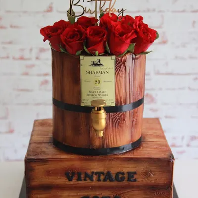 I had the honor of creating this working whiskey barrel cake for actor Sharman Joshi's 50th birthday. The cake, designed to look like a vintage barrel, actually dispenses whiskey from the tap.