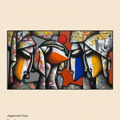 'Togetherness' by Jagannath Paul, a powerful abstract figurative work where faces merge, exploring the complexities of human relationships through bold lines and color.