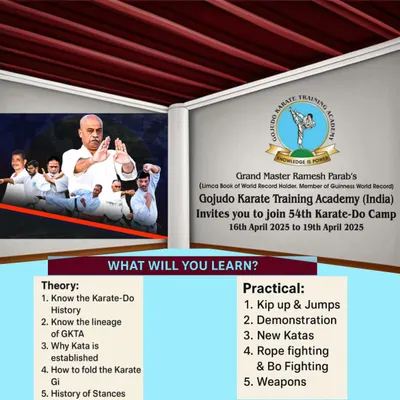 The official announcement for our 54th Karate-Do Camp. This poster outlines the key areas of learning, from Karate-Do history and theory to practical skills like kip ups, new katas, and weapon fighting.