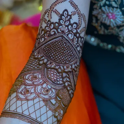 A close-up of a beautiful bridal henna design, showcasing the intricate patterns on the forearm.