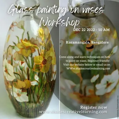 An announcement for our glass painting workshop focusing on vases. Learn how to turn a simple glass vase into a stunning decorative piece with hand-painted floral designs.