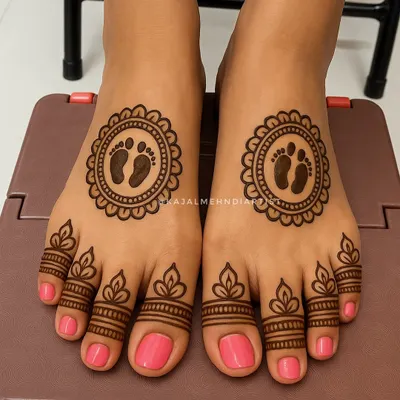 Tiny feet, big joy! A sweet and simple foot henna design to celebrate a baby shower, featuring baby footprints inside a delicate mandala.