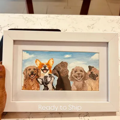A group portrait of some very good boys and girls, framed and ready to ship! I can combine photos of multiple pets to create a single, happy scene like this one.
