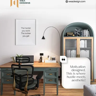Motivation designed. This is where hustle meets aesthetic. We created this home office with a stylish desk, an arched bookshelf, and an ergonomic chair to make work feel less like a chore.
