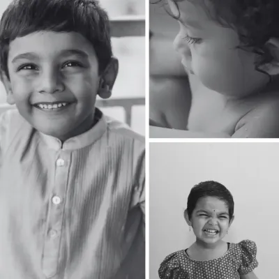 A collage of pure childhood expressions in black and white. From a bright, happy smile to a thoughtful profile and a cheeky grin, these portraits show the range of emotions I aim to capture in every child photography session.