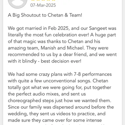Feedback like this makes it all worth it. We loved being a part of this couple's crazy, fun sangeet and matching their amazing vibe.