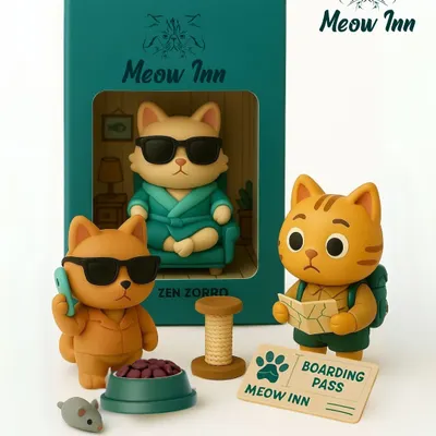 Introducing the Meow Inn Action Figures. Zen Zorro has checked in for his luxury stay. Which one is your cat: the chill professional or the curious explorer?