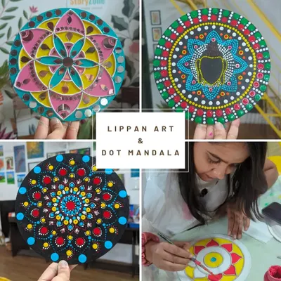 A beautiful collage of Lippan art and Dot Mandala creations. These traditional art forms are a wonderful way to relax and create something stunning.