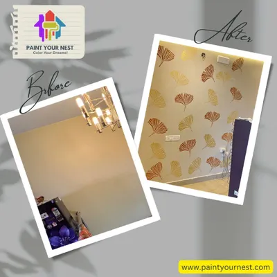 This before and after shows how a simple wall can become a stunning feature. We transformed this plain living room wall with a custom ginkgo leaf stencil design, creating a sophisticated and nature inspired accent wall.