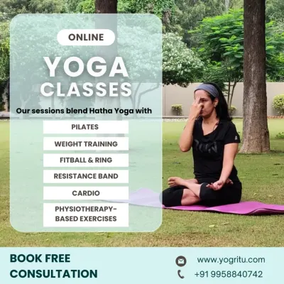 My online yoga classes are more than just standard poses. This image shows how I blend Hatha Yoga with a variety of other disciplines like Pilates, weight training, resistance bands, and physiotherapy-based exercises for a truly holistic workout.