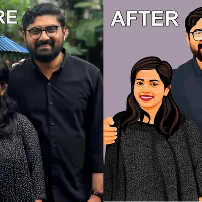 This side-by-side comparison clearly demonstrates the transformation from a personal photo to a stylized digital caricature. Notice how the details of the clothing and facial features are accurately translated into my art style.