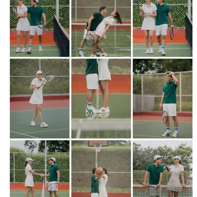 A collage of playful and romantic moments from a sports-themed pre-wedding shoot, featuring both tennis and basketball to celebrate the couple's shared hobbies.