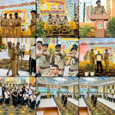 A collage from our recent self defense program with the Ghaziabad Police, showing officers engaged in various training modules. The sessions covered everything from unarmed combat to tactical response drills, culminating in a certification ceremony recognizing their hard work and enhanced skills.