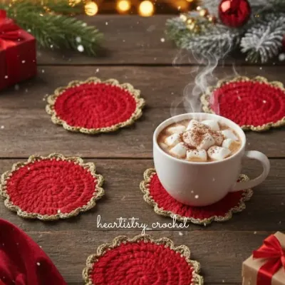 I got into the festive spirit and made these Christmas-themed crochet coasters. The red and gold design is perfect for adding a cozy, handmade touch to your holiday decor while protecting your table.