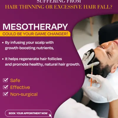 This graphic explains how Mesotherapy can be a game changer for hair thinning. By infusing the scalp with growth-boosting nutrients, this safe and non-surgical treatment helps regenerate hair follicles and promote healthy growth.
