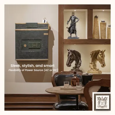 Our PO Box 69 wall-mounted bar in its closed position. Finished with rich leather and brass details, it appears as a piece of decorative wall art, offering no hint of the bar hidden inside.