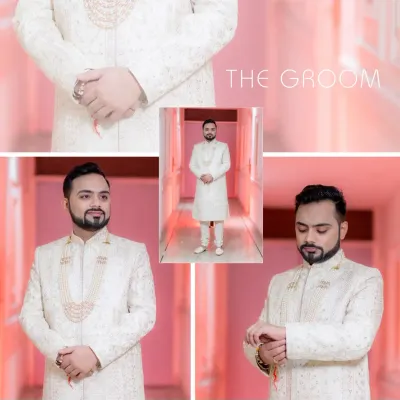 A collage dedicated to the groom, showing him getting ready and his final dapper look in a classic white sherwani.