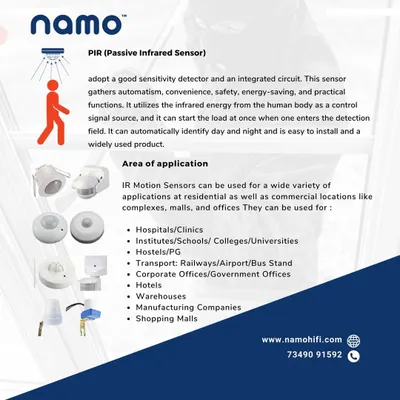 This graphic details the functionality and wide-ranging applications of Passive Infrared (PIR) sensors. These devices are a core component of our energy-saving solutions, ideal for automating lighting in areas like hallways, conference rooms, and restrooms in various commercial settings.