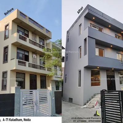 A clear example of our budget-friendly renovation work. We transformed this artist's studio in Noida with a clean, minimalist grey facade, delivering the entire project under the client's budget without compromising on quality.