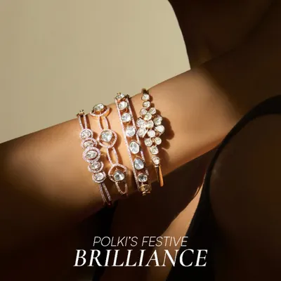 This is festive brilliance, designed for stacking or wearing solo. My collection of Polki bracelets and kadas features uncut diamonds set in graceful forms, crafted to sparkle with every move you make.