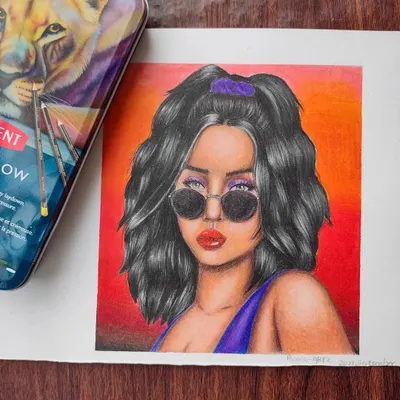 A finished colored pencil portrait of a woman with sunglasses, drawn from my imagination. I used Derwent Chromaflow pencils to create the vibrant red and orange background.
