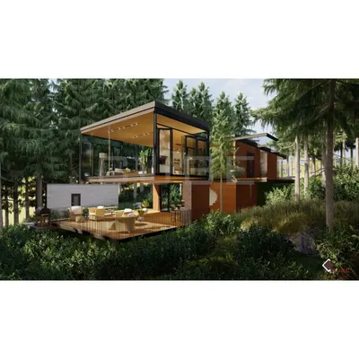 A 3D render of an upcoming sustainable villa project. The design features extensive use of glass and natural wood, and is engineered with new technologies to ensure minimal disturbance to the surrounding forest environment during construction.
