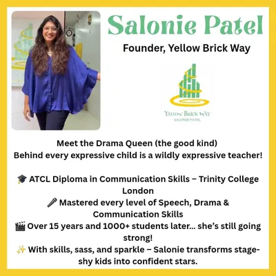 Meet our founder, Salonie Patel. With an ATCL Diploma from Trinity College London and over 15 years of experience, she is the "good kind of Drama Queen" who transforms shy kids into confident stars.