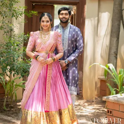 To complement your children's outfits, I also design exquisite attire for parents, perfect for creating a coordinated family look. Here, I transformed a traditional Kanchi saree into a grand light pink lehenga, paired with a hand-embroidered blouse, showcasing the level of bespoke craftsmanship I bring to every piece.