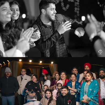 A collage capturing the life of the party: the groom dancing with joy, and a formal portrait with the entire family. This shows both the fun and the formal side of a wedding celebration.