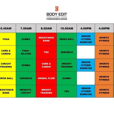 Here is a sample of our weekly class schedule at the Padmanabhanagar branch. We offer a diverse range of classes like Yoga, Zumba, Circuit Training, and Senior Citizen Exercises to cater to different fitness levels and goals.