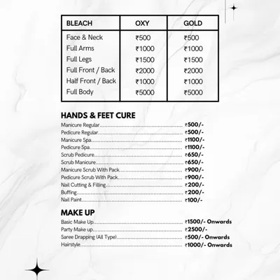 Here is a partial list of our services, including bleach, manicure, pedicure, and makeup. We offer everything you need for a complete glow-up.