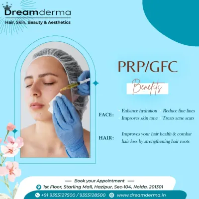 This graphic details the dual benefits of PRP and GFC for both face and hair. For the face, it enhances hydration and improves skin tone. For hair, it strengthens roots to combat hair loss, making it a comprehensive rejuvenation treatment.