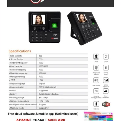 For high-security needs, I offer biometric access control systems. This device supports both face recognition and fingerprint scanning, along with card and PIN access. It is a professional solution for offices and businesses that need to track attendance and manage access securely.