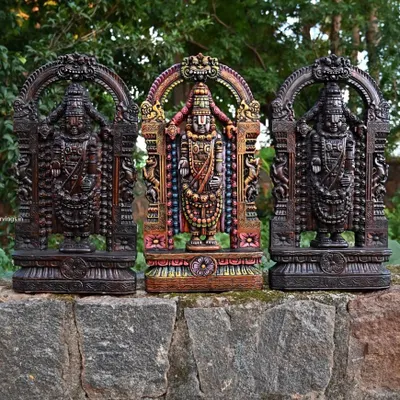 A special collection for the holy month of Purattasi, featuring three 24-inch Tirupati Balaji sculptures. We offer them in our classic wax brown finish as well as a vibrant, multi-colored antique finish.