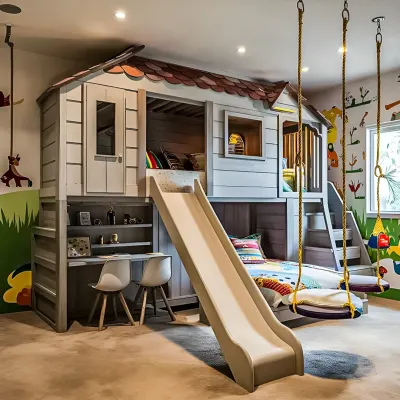 A closer look at a whimsical treehouse bunk bed, featuring a built-in study area and a fun slide. This custom furniture piece turns a child's bedroom into a personal playground.