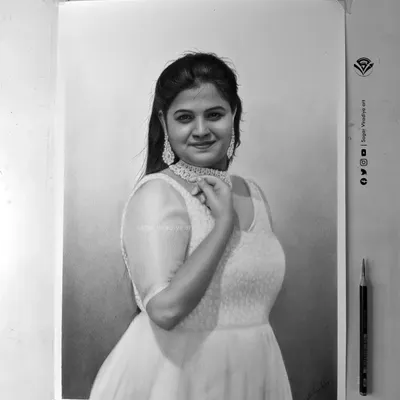 This is a full-length portrait sketch of a client, drawn on A3 size paper. I used pencil to carefully render the delicate fabric of her dress and the fine details of her jewelry, creating a graceful and realistic final artwork.