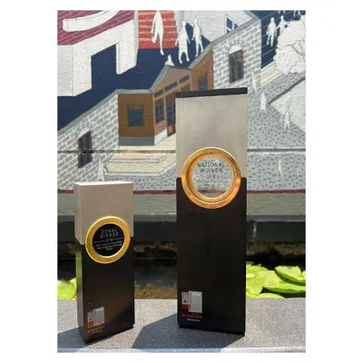 The Zonal and National Winner trophies from the Institute of Indian Interior Designers (IIID) for the KLE Centenary Museum. This recognition highlights the project's success at both regional and national levels.