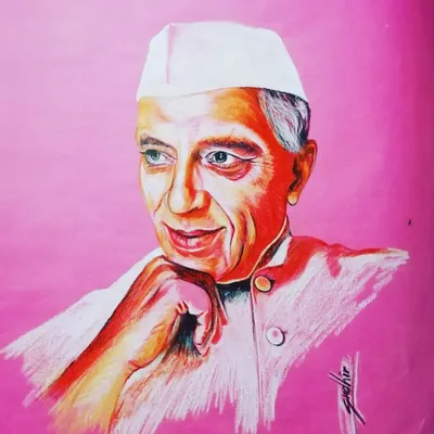 This is a special piece. A portrait of Chacha Nehru made by my father, Sudhir Kumar, using old crayons on pink chart paper. His art is a huge inspiration for me.