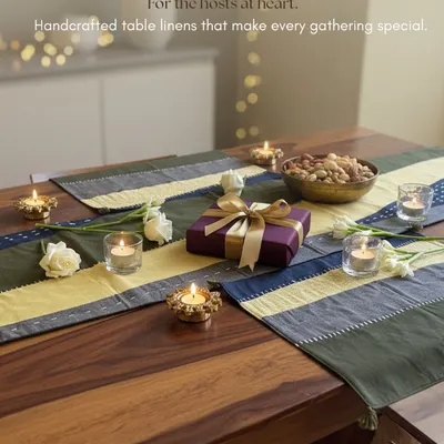 For the hosts at heart, I create handcrafted table linens that make every gathering feel special. This set of table runners and mats, made from pure Khadi, adds an artistic and warm touch to the dining table, making it an ideal gift for festive occasions.