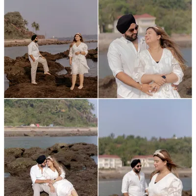 A collage of Gurbani and Gurneet's pre-wedding shoot in Goa. From laughing on the rocky shores to sharing a tender moment, these shots capture their carefree beach romance.