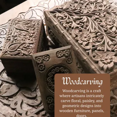 Woodcarving is a hallmark of Kashmiri craftsmanship. Here you see artisans intricately carving floral and paisley designs into wooden boxes. We incorporate this detailed craft into furniture, panels, and doors to bring a touch of heritage to modern homes.