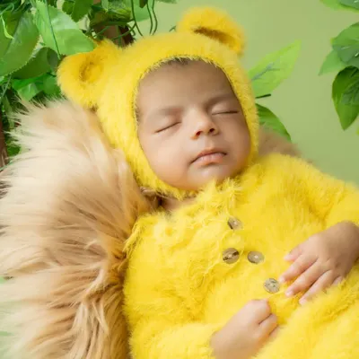 A close-up of a sleeping newborn in a fuzzy yellow bear costume. This shot highlights the peaceful expression and delicate features of the baby, creating a tender and precious memory.