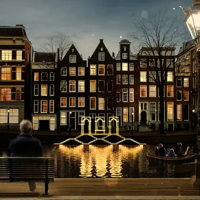 'Echoes of the Deep' was our installation for the Amsterdam Light Festival. From a distance, it appears as a glowing structure floating on the water, a beacon of stillness against the historic canal houses, telling a story of subterranean architecture brought to the surface.