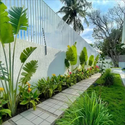 A clean, modern pathway made of concrete pavers, flanked by a narrow planting bed with tropical plants. The design is simple, elegant, and guides you along the property wall.